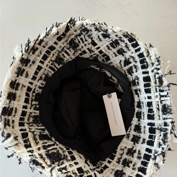 Anthropologie OS Plaid Tweed Bucket hat with Black White Metallic Lurex Gold - Picture 7 of 8